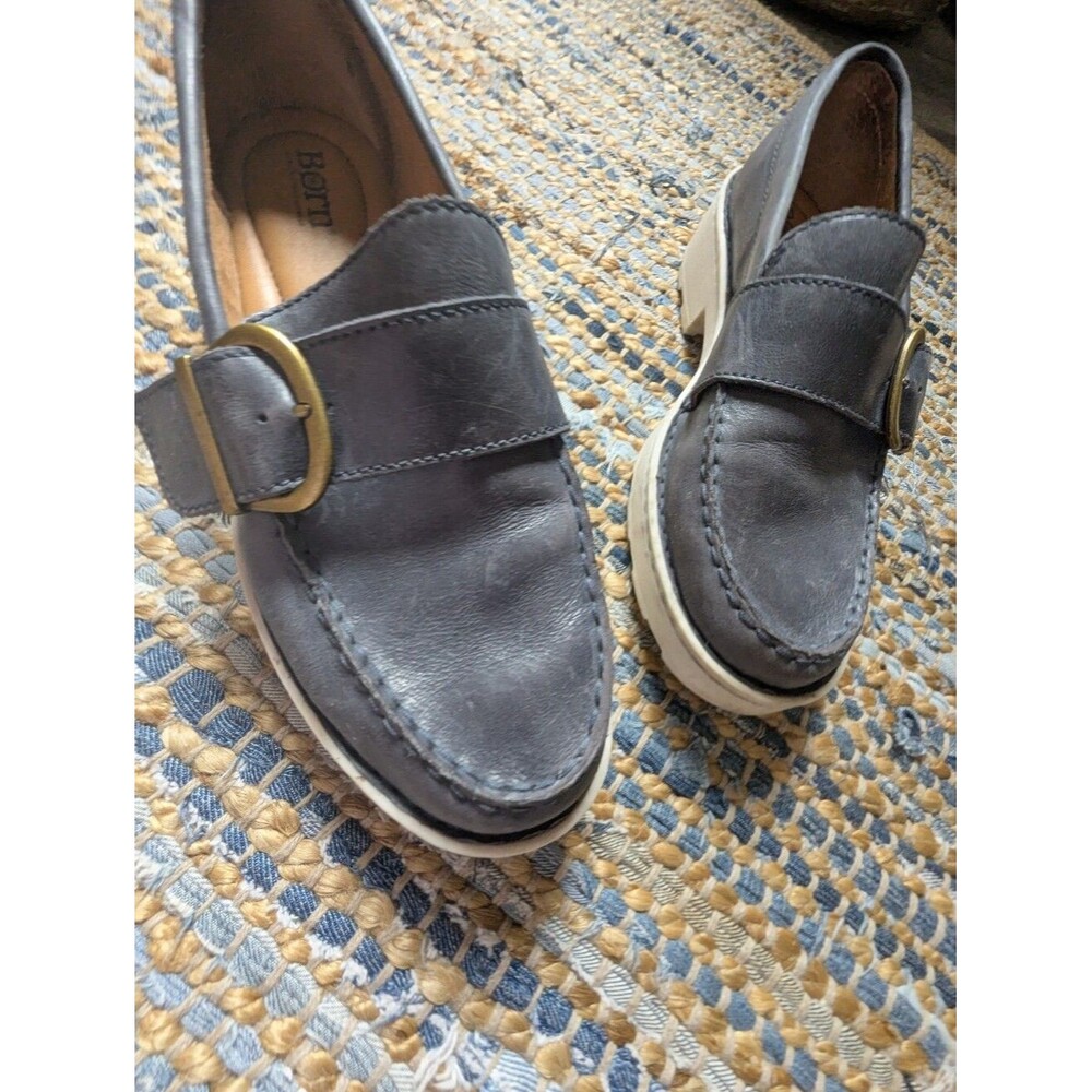 Born Contesta Slate Blue Leather Lug Sole Loafers 9 Chunky Buckle Comfort Shoes - Picture 8 of 12